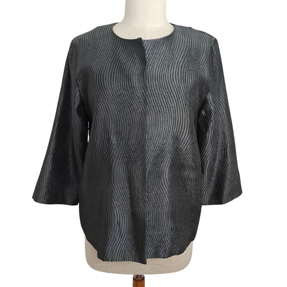 Eileen Fisher Silk Blend Wavy Textured Open Front Jacket Topper Size Medium Gray - Picture 3 of 9